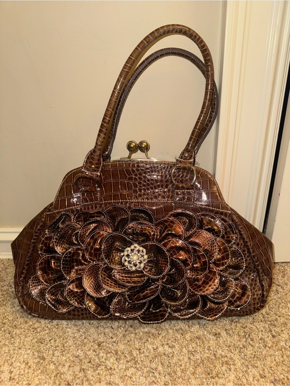 Brown Floral Appliqué Faux Crocodile Satchel Bag